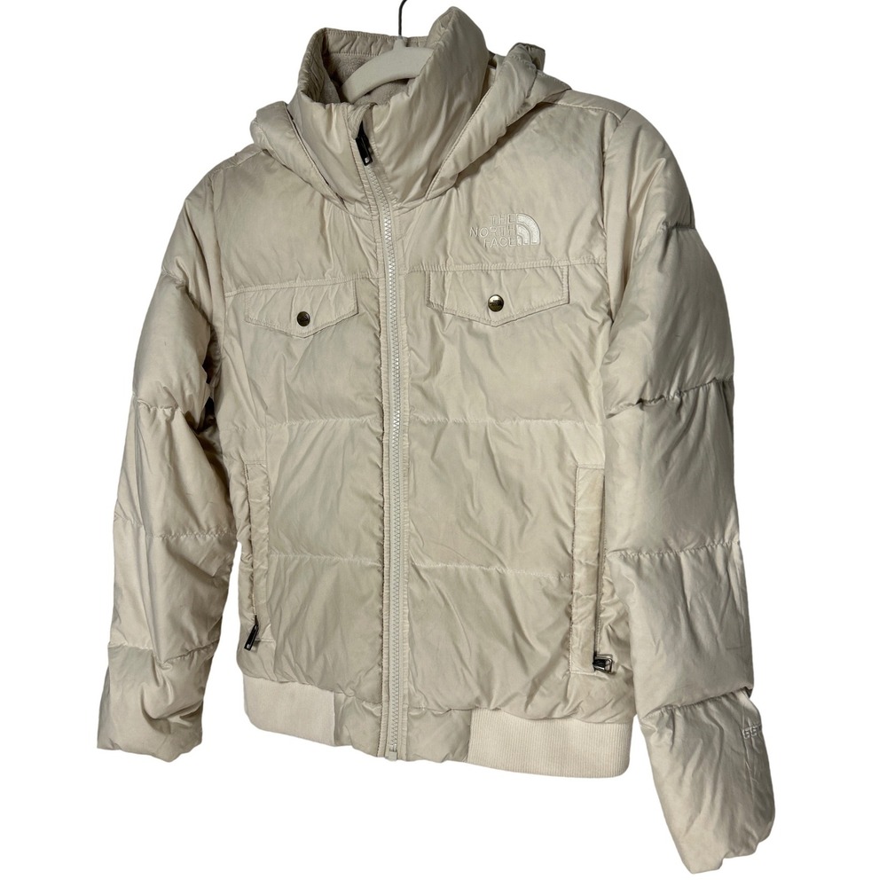 The North Face Girls 550 Fill Down Hooded Puffer Jacket Cream Beige Size L 14/16